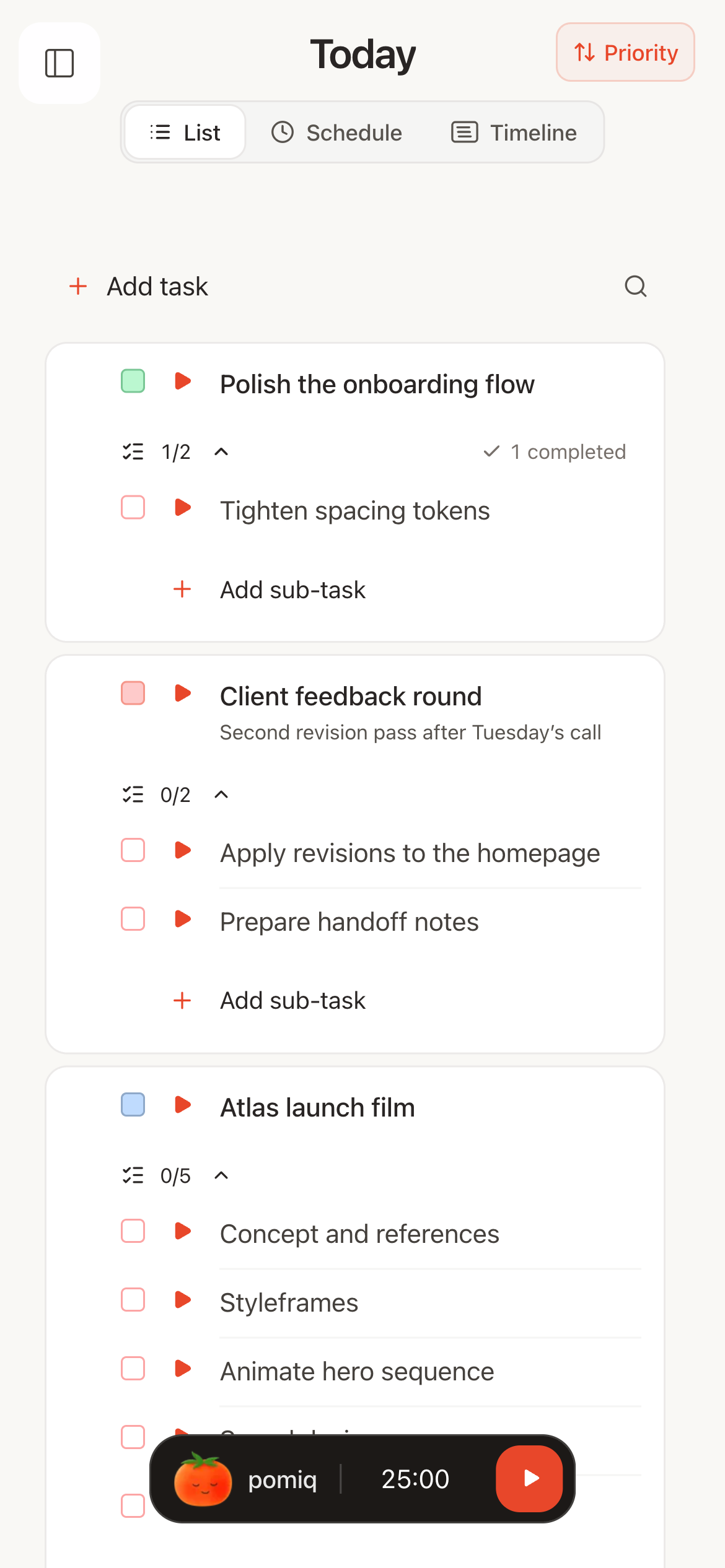 Pomiq task list on a phone