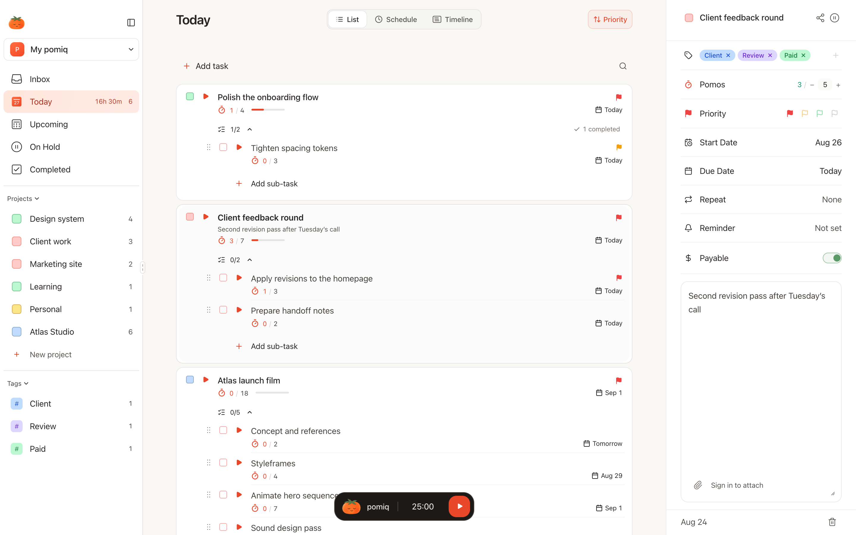 Pomiq task list with the detail panel open